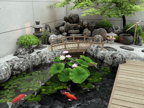  新中式假山水景 鱼池 流水景观 石头景石 荷花 水生植物3d模型 