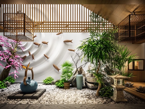  新中式庭院景觀  景觀小品  庭院小品3d模型 
