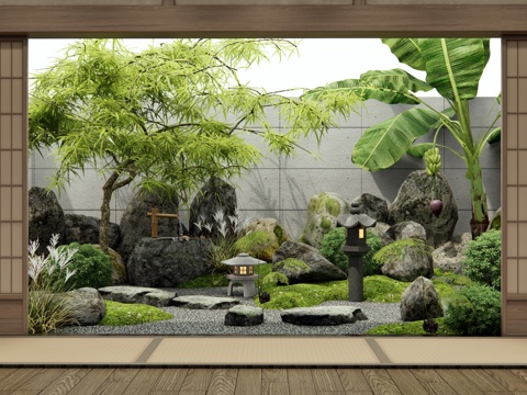  日式枯山水庭院景觀 景觀石頭 汀步 微地形 水缽水景 芭蕉樹3d模型 