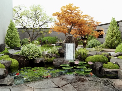  新中式禪意庭院景觀 假山水景 灌木 植物造景 景觀石頭3d模型 