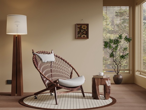  04中古风躺椅 休闲椅 落地灯 边几 装饰画su模型 