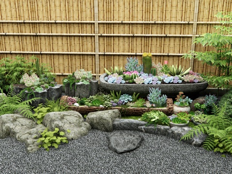  日式多肉植物 多肉盆栽 植物组合 花草 庭院小品 灌木 植物su模型 