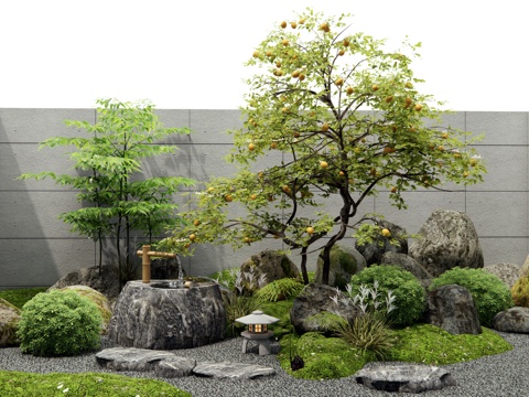  现代庭院小品 枯山水庭院景观 果树 柠檬树 植物景观 石头3d模型 