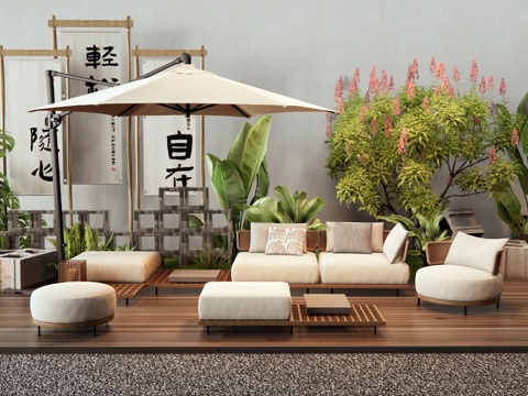  現(xiàn)代戶外沙發(fā) 植物組合 露營(yíng)外擺 灌木 植物堆 花草3d模型 