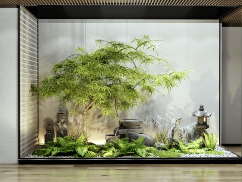  現(xiàn)代室內(nèi)植物景觀小品 庭院小品 羽毛楓 喬木 水缽跌水小品3d模型 