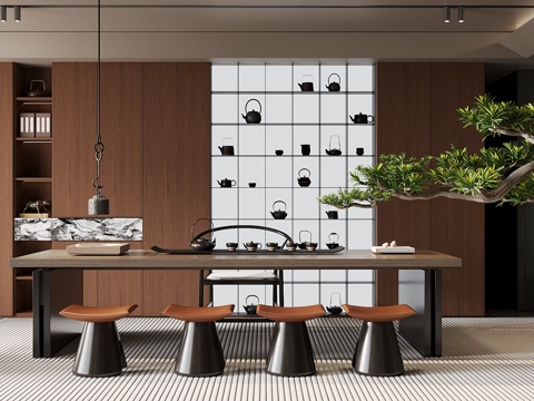  新中式茶室 家居茶室 會所茶室 茶桌椅組合 實(shí)木茶柜 茶壺3d模型 