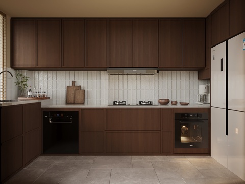  08中古风厨房 橱柜 冰箱 洗碗机su模型 