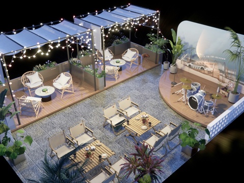  现代商业外摆  户外露营风营地 户外餐厅su模型 