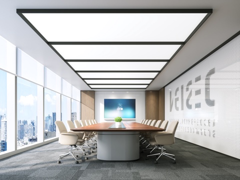  現(xiàn)代 辦公會議室 會議桌 辦公椅 投影儀 沖孔板 投影幕 培3d模型 