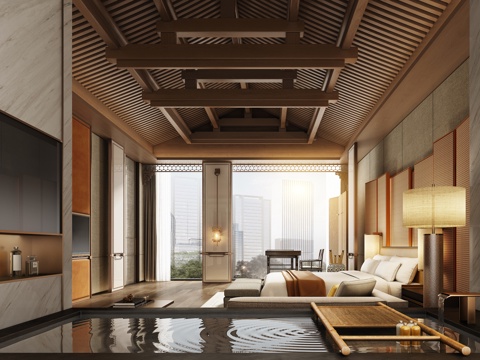  现代奢华酒店客房 大床房 套房3d模型 