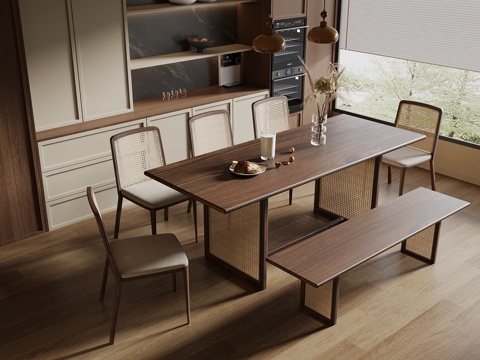 02中古风餐桌椅 餐边柜 吊灯su模型