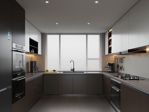  19现代意式厨房 烟机灶具 冰箱su模型 