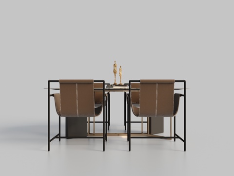  现代简约会议桌搭配棕色皮革椅子3d模型下载 金色奖杯装饰办公室家具 