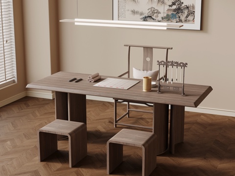 新中式書桌椅 辦公桌椅3d模型 