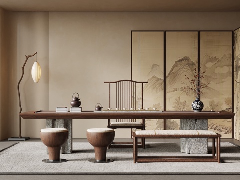  新中式茶室 茶桌椅 茶臺 屏風(fēng)3d模型 