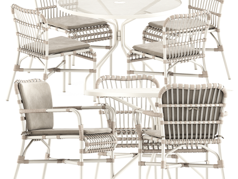  金属框架圆形户外咖啡桌配藤编靠背软垫座椅3d模型下载 现代简约休闲桌椅组合 