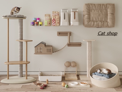  现代猫爬架 猫抓板 猫咪用品 宠物用品 猫粮桶 猫窝3d模型 