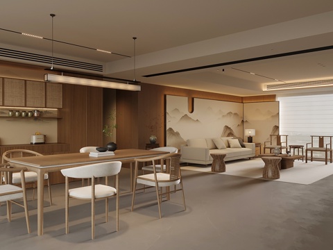 新中式客餐廳 客廳 餐廳 餐桌椅 酒柜 電視背景墻3d模型 