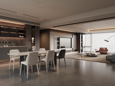  現(xiàn)代意式客餐廳 客廳 餐廳 電視背景墻 酒柜 餐桌椅3d模型 