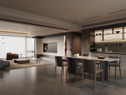  現(xiàn)代意式客餐廳 客廳 餐廳 電視背景墻 酒柜 餐桌椅3d模型 