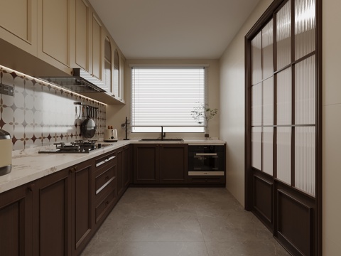  中古风厨房 冰箱 抽油烟机su模型 