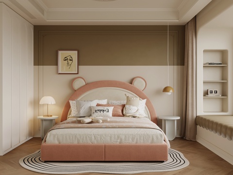  法式儿童房 双人床飘窗 女孩房su模型 