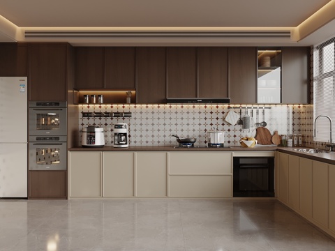  中古风厨房 冰箱 抽油烟机su模型 