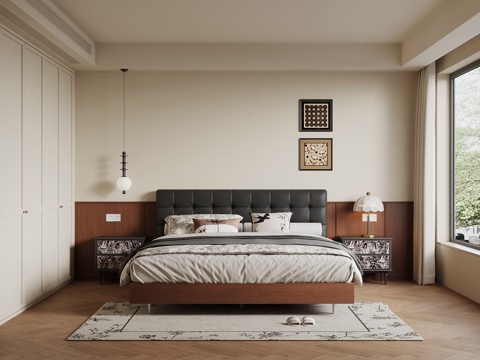 中古风卧室 双人床su模型