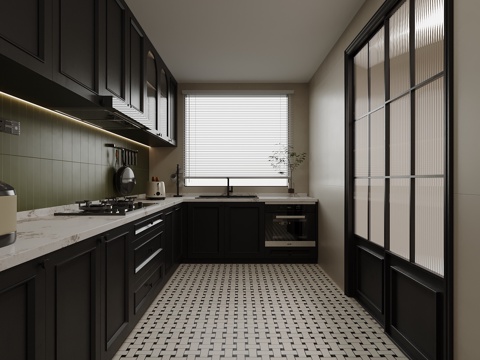  法式厨房 冰箱 抽油烟机su模型 