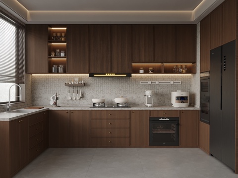  中古风厨房 冰箱 抽油烟机su模型 