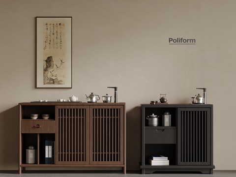  现代极简木质茶水柜餐边柜3d模型下载 茶道艺术家居设计 宁静风格厨房收纳柜 