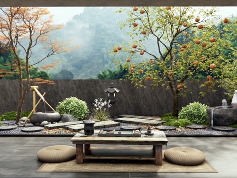  新中式别墅花园阳台 庭院景观 汀步 柿子树 庭院小品 水钵3d模型 