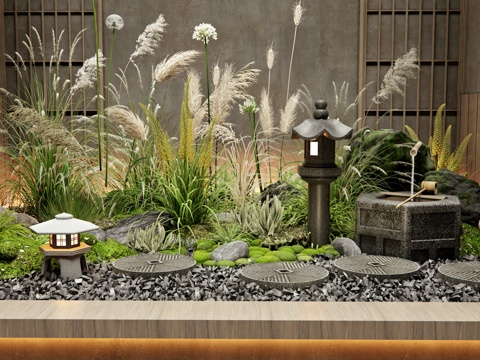  日式室內(nèi)景觀 庭院小品 蘆葦 植物組合 汀步 石頭水缽 花境3d模型 