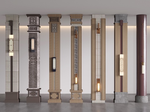  新中式 中式柱子 方柱子 圆柱子 造型装饰柱su模型 