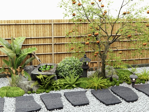  日式新中式庭院景觀小品 柿子樹 石板汀步 植物組合 水缽水景3d模型 
