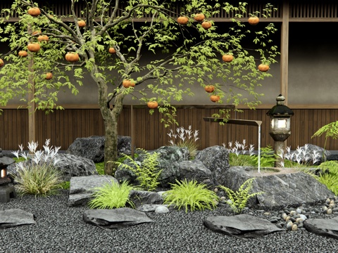 日式新中式庭院小品 柿子樹 果樹 水景 景觀石頭 流水水缽3d模型 