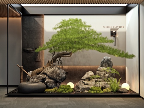  新中式室內景觀 景觀石頭 植物造景 庭院小品 苔蘚 松樹3d模型 