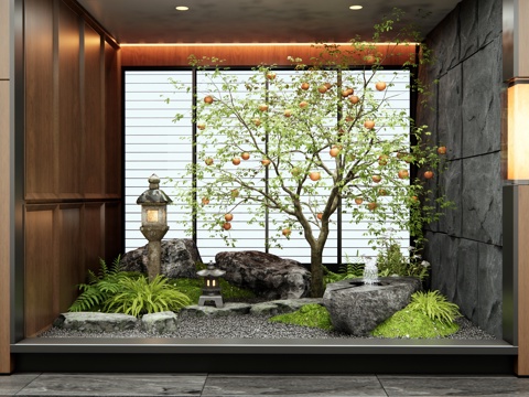  現(xiàn)代室內(nèi)景觀 柿子樹 果樹 景觀石頭 水景水缽 汀步 植物3d模型 