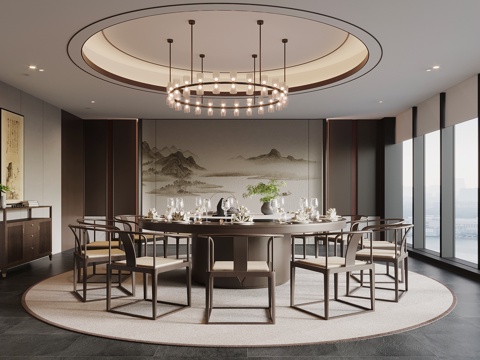  新中式餐廳 餐桌椅 吊燈3d模型 