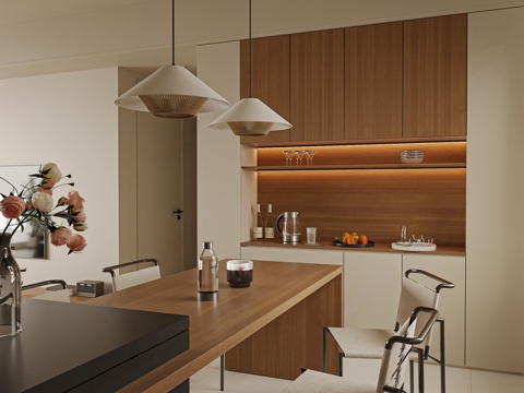 现代家居餐厅 岛台中岛餐桌 备餐台 餐边柜 餐厅柜 餐厅吊灯3d模型