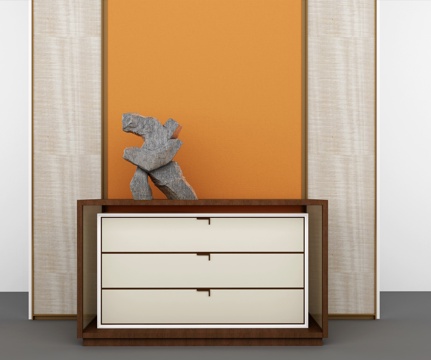  现代风格装饰柜3d模型下载 带抽象雕塑设计 浅色木质抽屉柜 室内装饰家具 层次感背景墙展示 