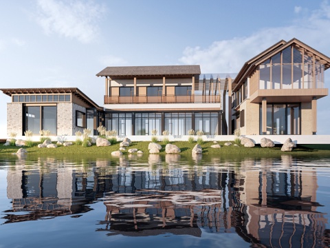  新中式民宿建筑 乡村民房 民宿酒店建筑 坡屋顶民宿su模型 