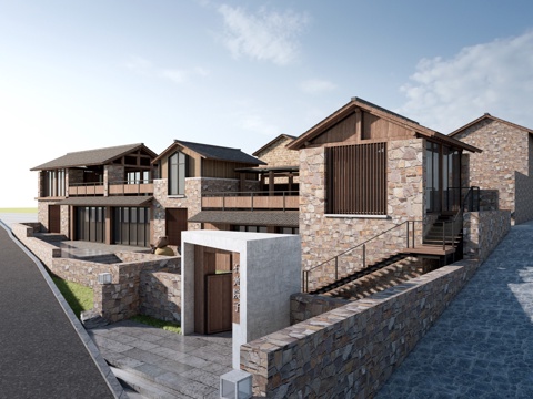  新中式民宿建筑 乡村民房 民宿酒店建筑 坡屋顶民宿su模型 