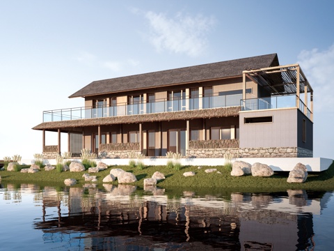  新中式民宿建筑 乡村民房 民宿酒店建筑 坡屋顶民宿su模型 