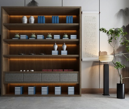  新中式书柜装饰柜组合3d模型下载 现代简约书房家具设计 带嵌入式照明书架 