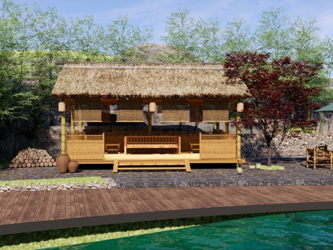  新中式乡村庭院 新中式竹林茅草屋 茅草竹屋 山间小屋 生态竹su模型 