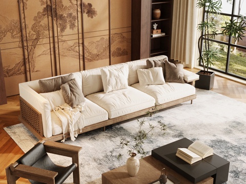  中式沙發(fā)組合 客廳沙發(fā)茶幾組合 中古風(fēng)客廳 中古風(fēng)多人沙發(fā)3d模型 