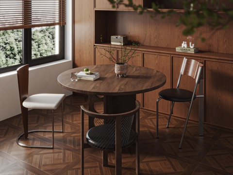  中古風(fēng)餐廳  中古風(fēng)圓形餐桌  中古風(fēng)餐桌椅3d模型 