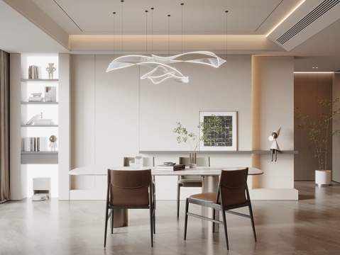  現(xiàn)代奶油風(fēng)餐廳 餐桌椅組合 餐廳吊燈 酒柜 餐邊柜3d模型 