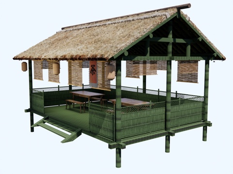  茅草屋 竹屋 凉亭 景观廊亭 竹篱笆 中式驿站 茶室茶馆su模型 